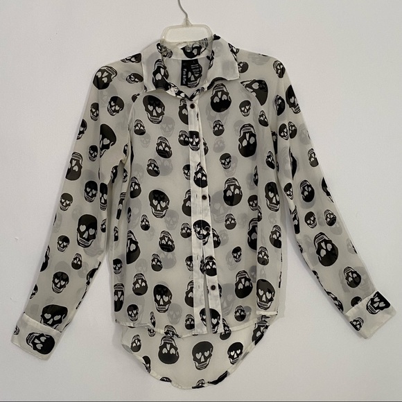 Fun & Flirt sheer button up blouse Small cream w/black skulls hearts eyes Gothic - Picture 1 of 6